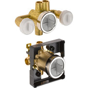 Brass shower valve body with white trim rings and internal black mounting cartridge shown from two angles.