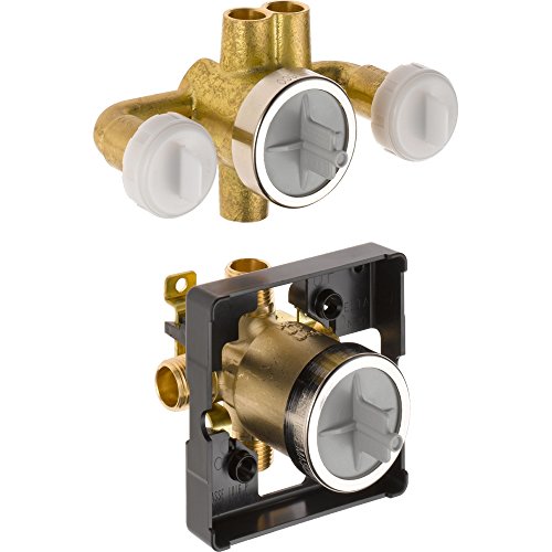 Brass shower valve body with white trim rings and internal black mounting cartridge shown from two angles.