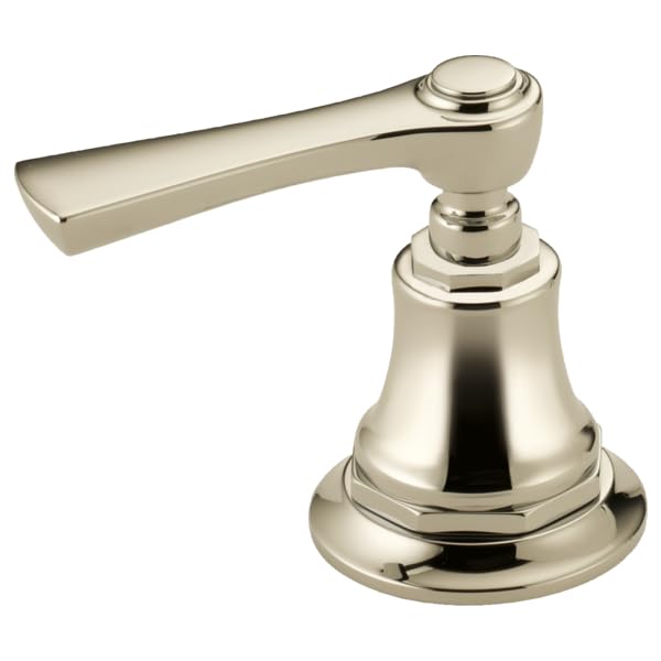 Polished nickel lever handle kit for Roman tub faucet with bell-shaped valve body and flat spout.
