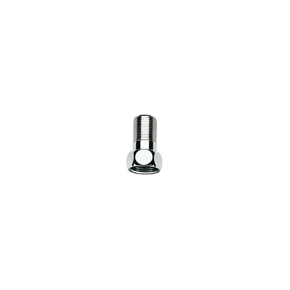 Chrome straight union connector with threaded inlet and flanged base for plumbing applications.