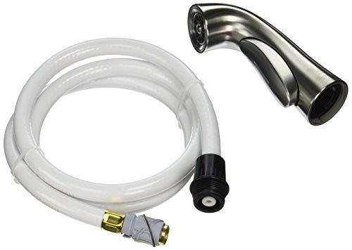 Stainless steel spray head with curved nozzle and clear vinyl hose with brass fittings and black connector.