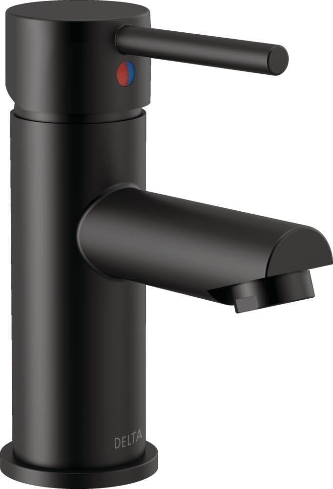 Black single-handle bathroom faucet with cylindrical body, curved spout, and temperature control indicator on body.