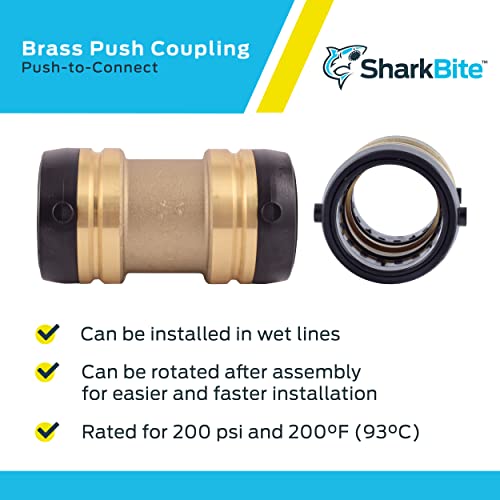 Brass push-to-connect coupling fitting with black grip rings shown from front and end view angles.