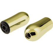 Two polished brass metal lever handle accents with black interior components for faucet assembly.