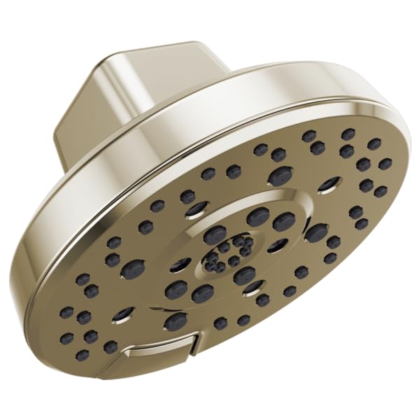 Round brushed nickel shower head with multiple spray holes and angled mounting bracket.