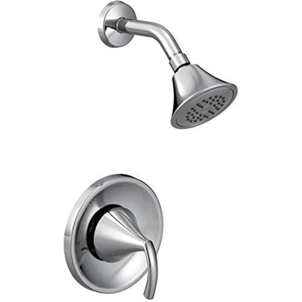 Chrome shower faucet with round showerhead, curved arm, wall-mounted escutcheon plate, and single lever handle.
