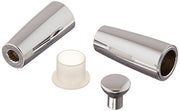 Chrome metal lever handle accent set including cylindrical sleeves, cream-colored collar, and small dome cap.