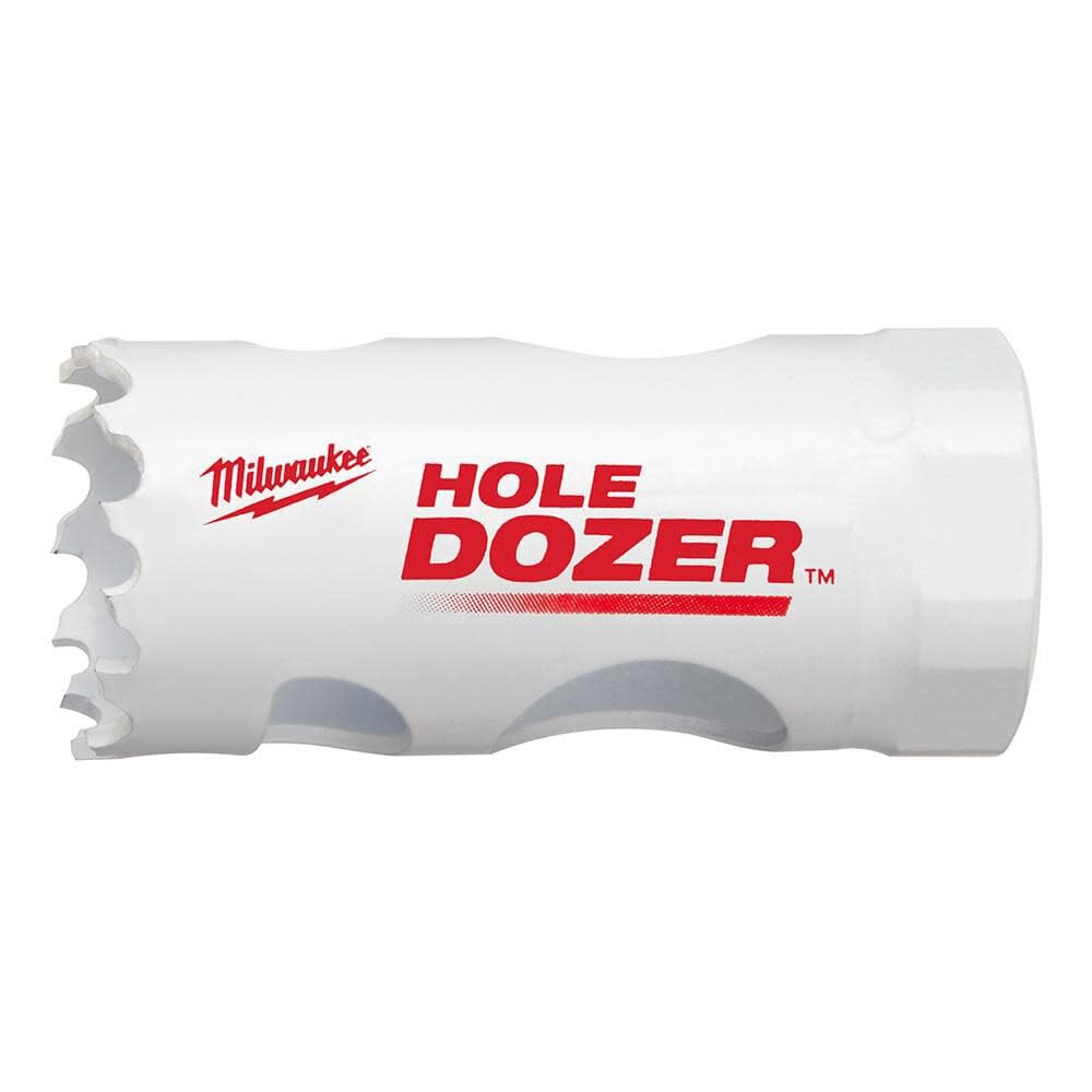 Milwaukee 4-inch white bi-metal hole saw with serrated cutting edge and red branding.