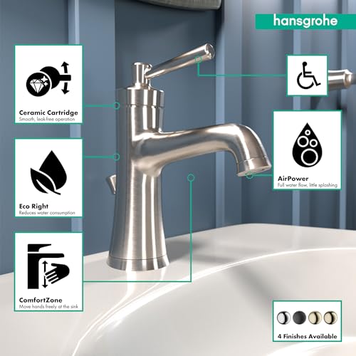 Brushed nickel single-hole bathroom faucet with curved spout and pop-up drain on white sink.