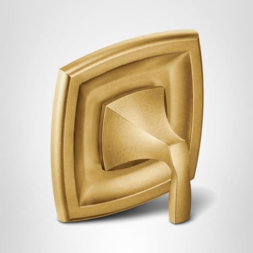Gold finish Moen Voss Posi Temp valve trim kit with square layered plate and curved lever handle.