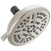 Satin nickel round shower head with multiple spray jets and adjustable arm connection.