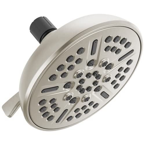 Satin nickel round shower head with multiple spray jets and adjustable arm connection.