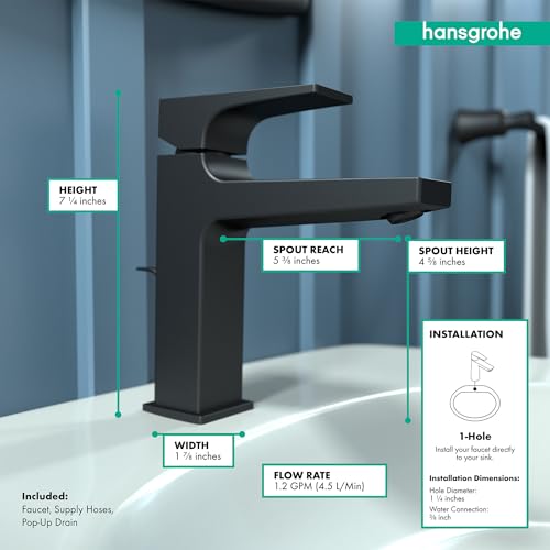 Matte black single-hole bathroom faucet with angular lever handle, 7.6-inch height and curved spout.