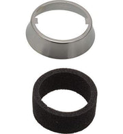 White plastic escutcheon ring and black foam gasket for pull-out faucet.