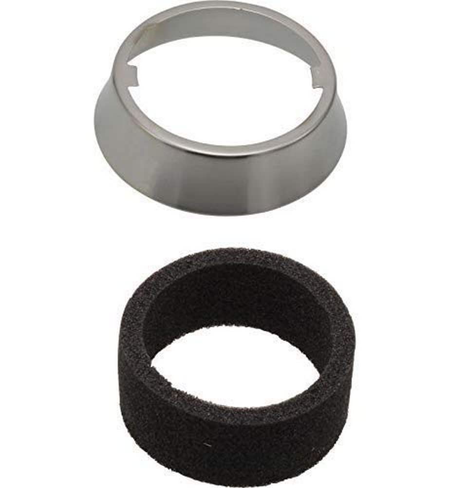 White plastic escutcheon ring and black foam gasket for pull-out faucet.
