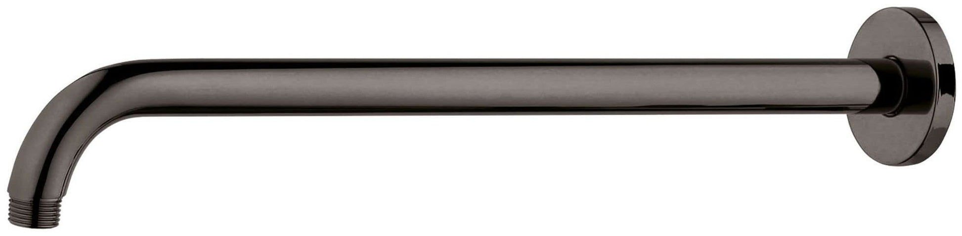 Brushed dark metal shower arm extending horizontally with circular wall-mounted flange on right end.