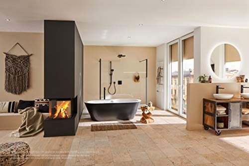 Matte black square thermostatic shower valve trim with two function controls mounted on bathroom wall.