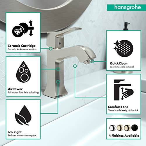 Brushed nickel single-hole bathroom faucet with curved spout and labeled features including ceramic cartridge and quick-clean