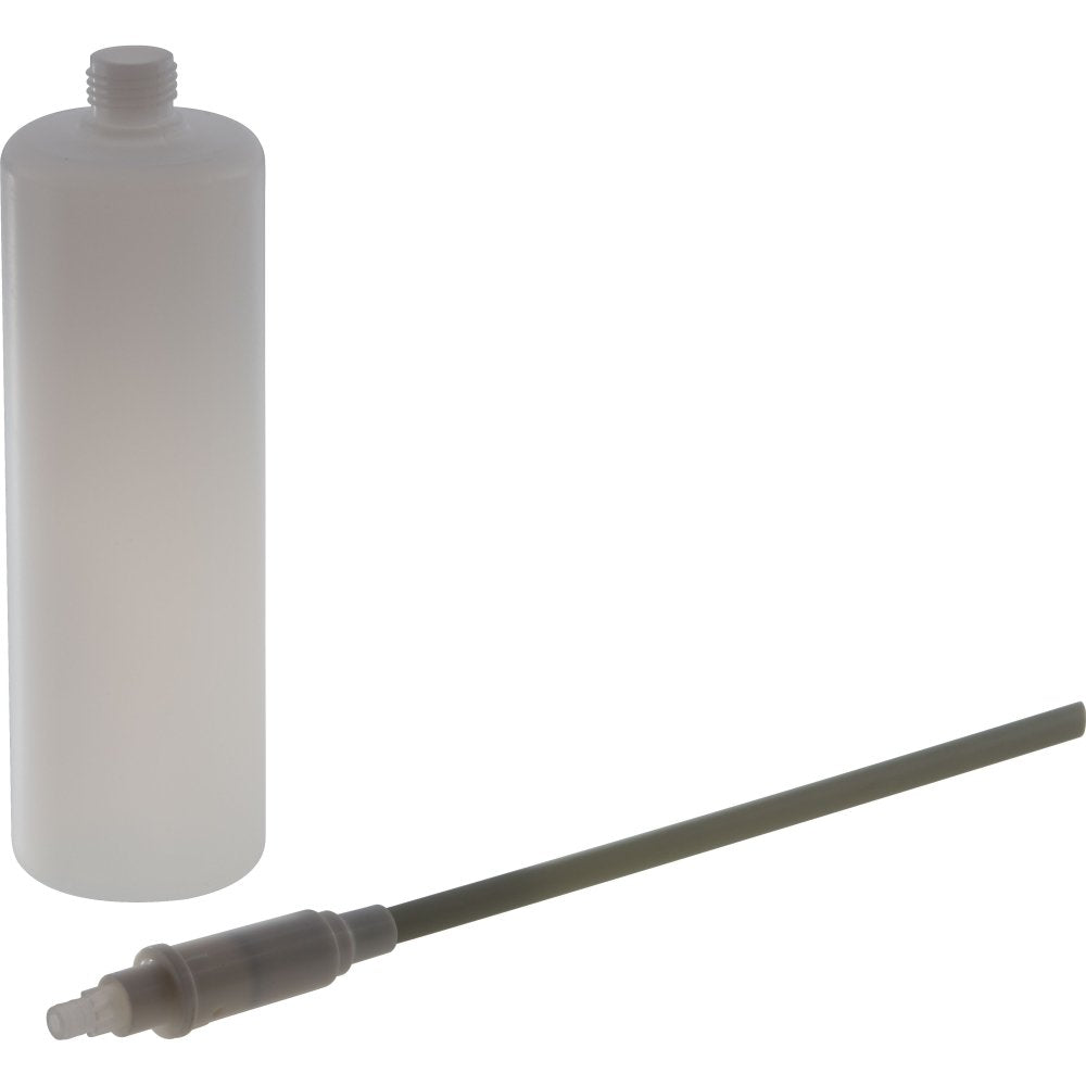 Clear plastic bottle with threaded top and gray pump tube assembly with nozzle.