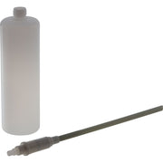 Clear plastic bottle with threaded top and gray pump tube assembly with nozzle.