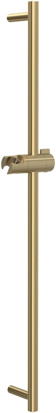 Antique gold cylindrical slide bar with adjustable shower holder and two horizontal handles.