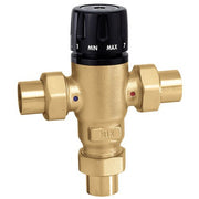 Brass 3-way mixing valve with black temperature dial control knob and sweat connection ports.