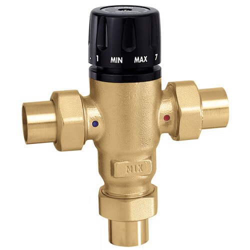 Brass 3-way mixing valve with black temperature dial control knob and sweat connection ports.