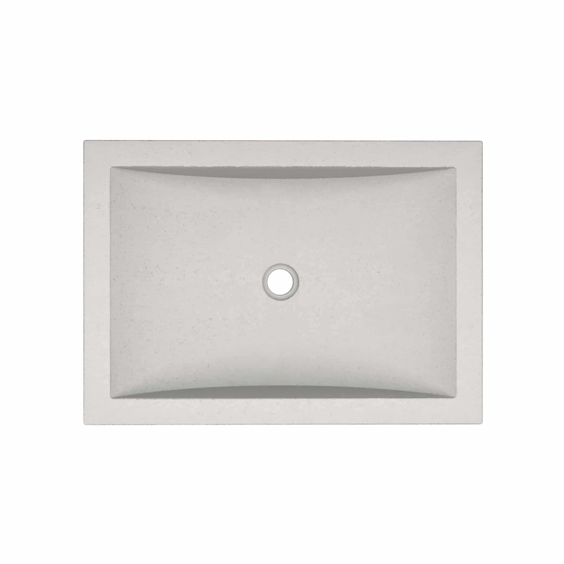 Ash-colored concrete bathroom sink with curved basin and single faucet hole, rectangular undermount design.