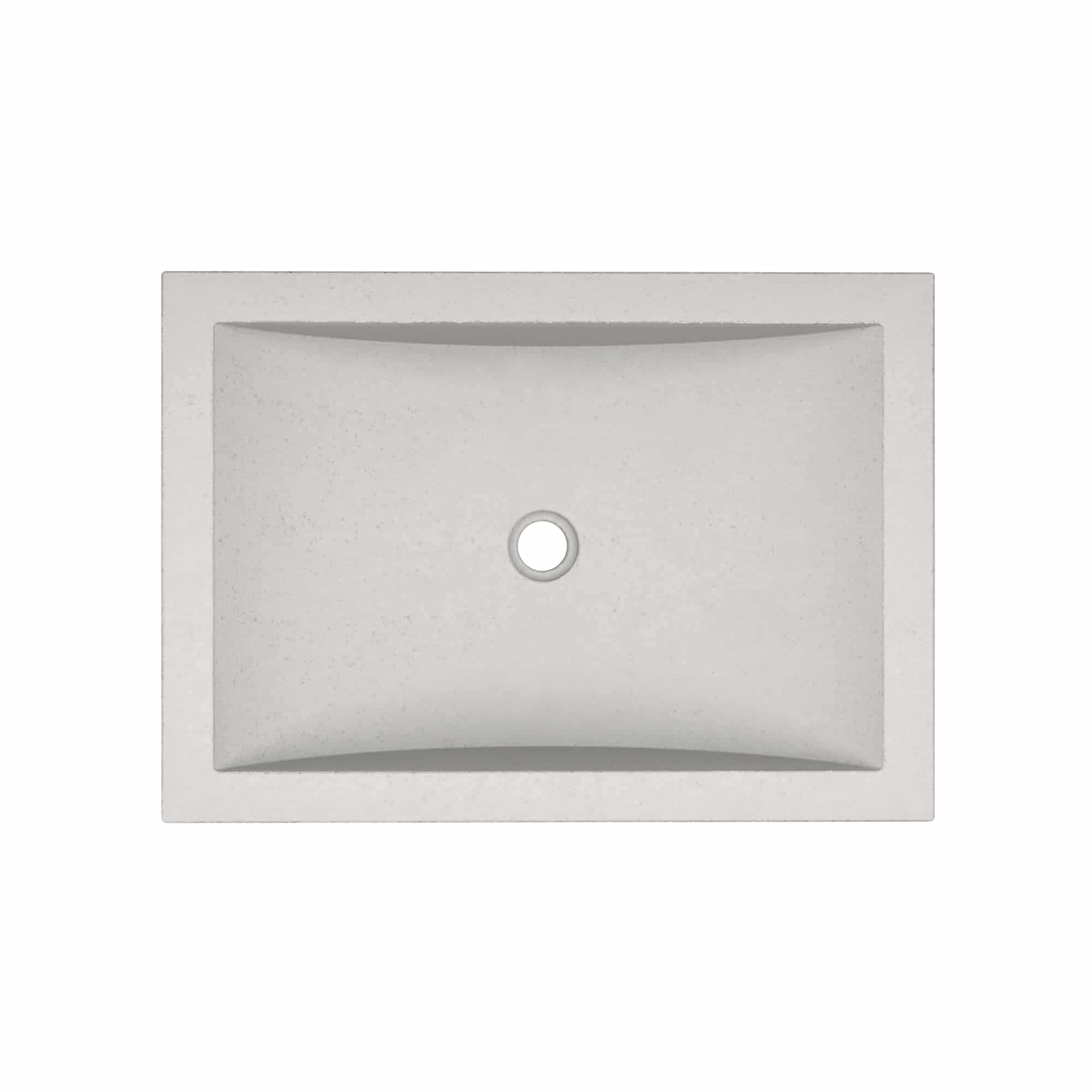 Ash-colored concrete bathroom sink with curved basin and single faucet hole, rectangular undermount design.
