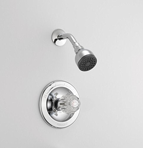 Chrome shower valve with round trim ring and adjustable showerhead featuring multiple spray ports.