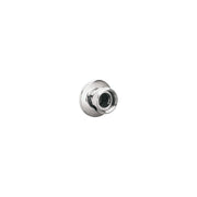 Chrome straight union connector with threaded inlet and outlet ports.