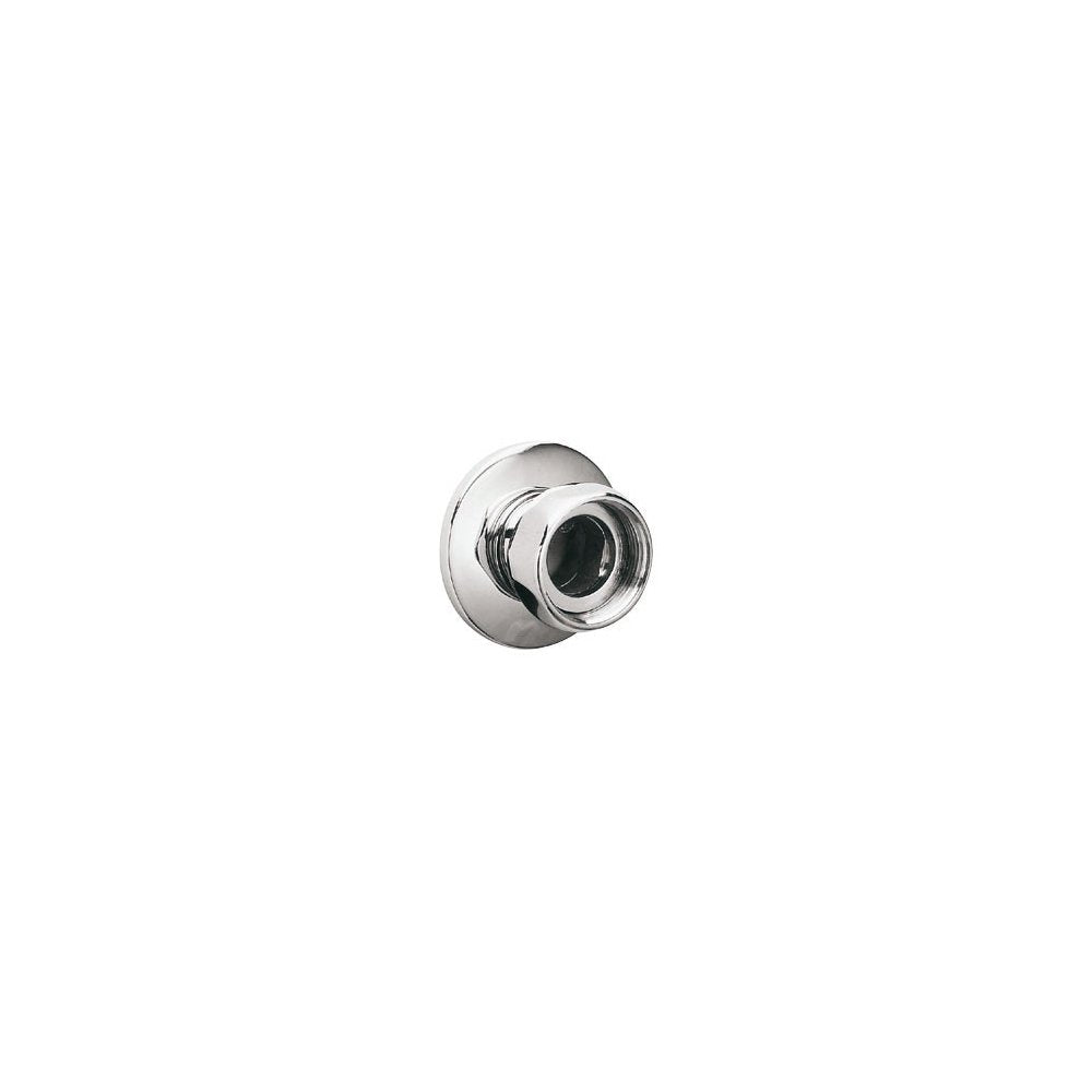Chrome straight union connector with threaded inlet and outlet ports.