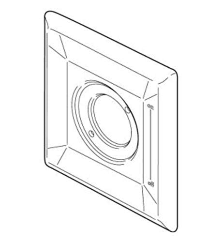 Square stainless steel escutcheon trim ring with concentric circular opening for wall-mounted faucet installation.