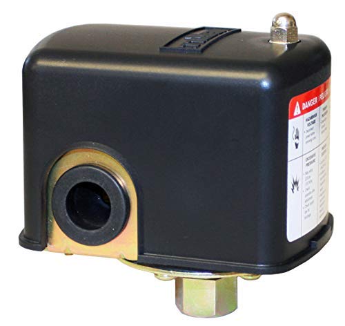 Black metal pressure switch with brass port fitting, electrical terminal, and label on side.