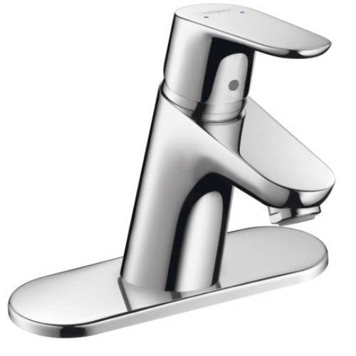 Brushed nickel single-hole bathroom faucet with curved spout and rounded handle on rectangular base.