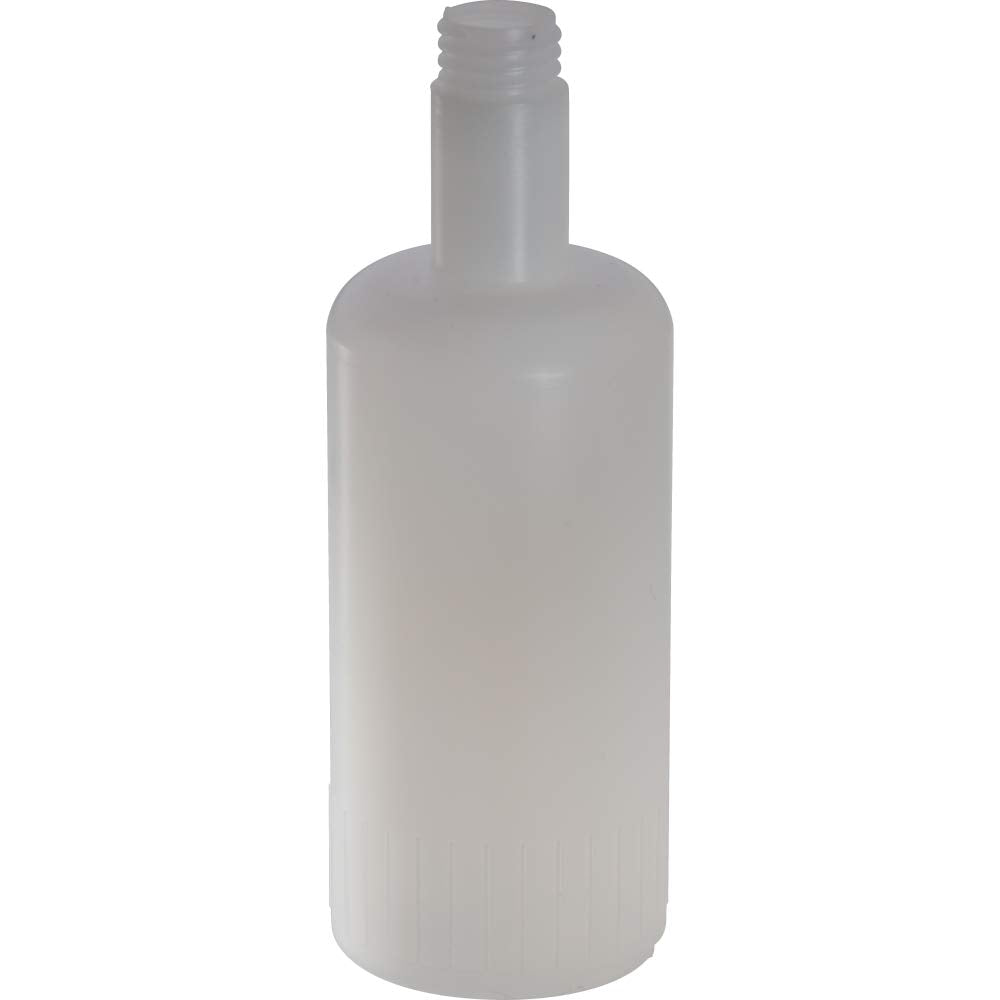 Clear plastic soap and lotion dispenser bottle with threaded neck and rounded cylindrical body.
