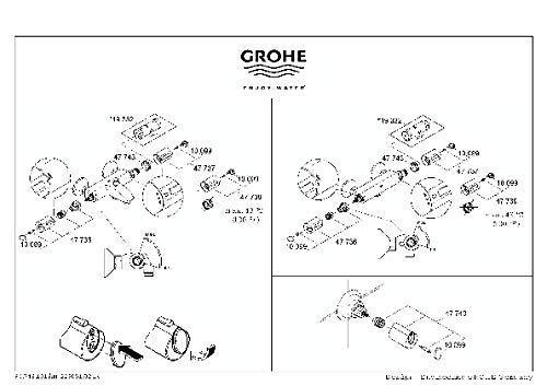 Grohe technical diagram showing temperature handle assembly components and part numbers in chrome finish.