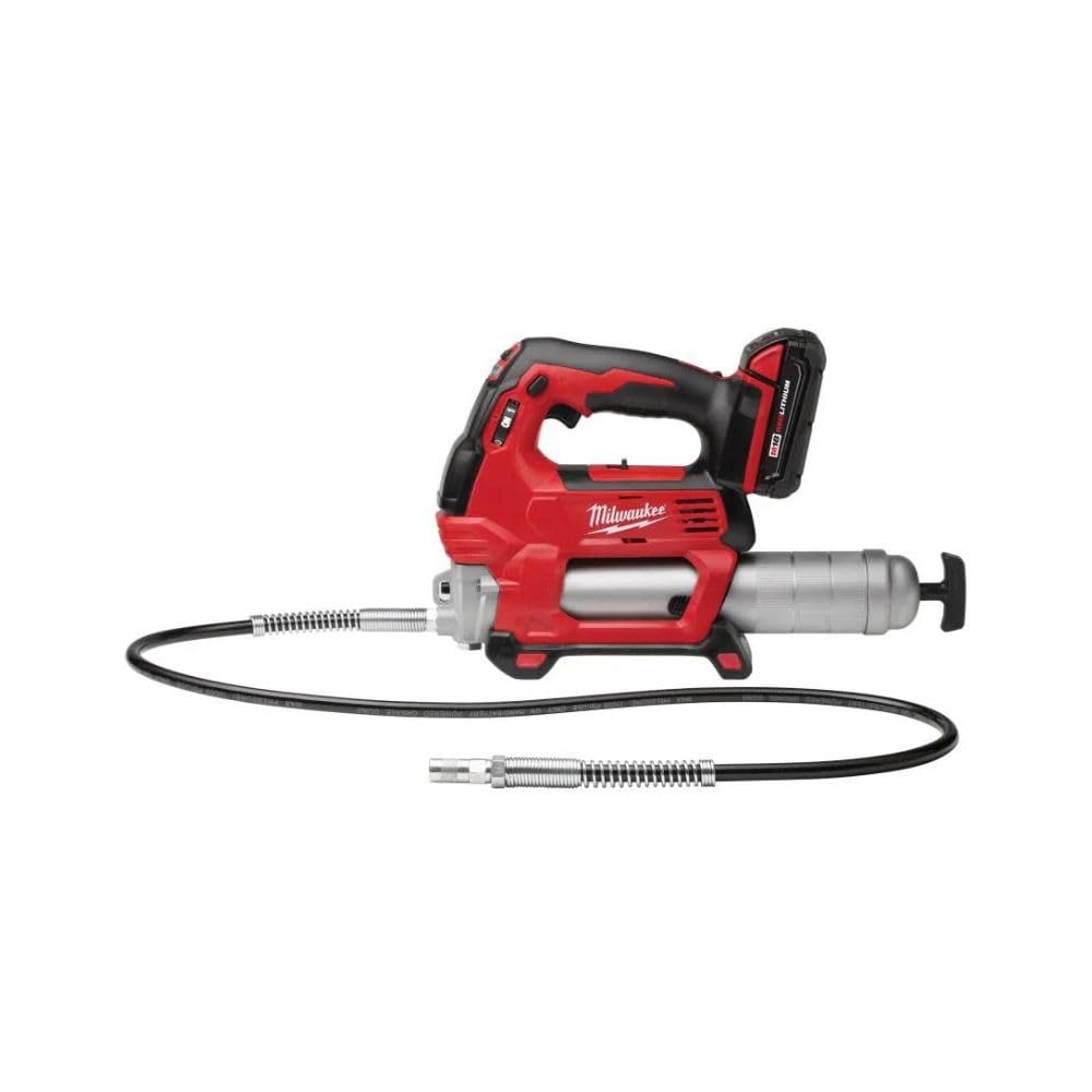 Milwaukee M18 cordless grease gun in red and black with attached battery, flexible hose, and metal pump cartridge.