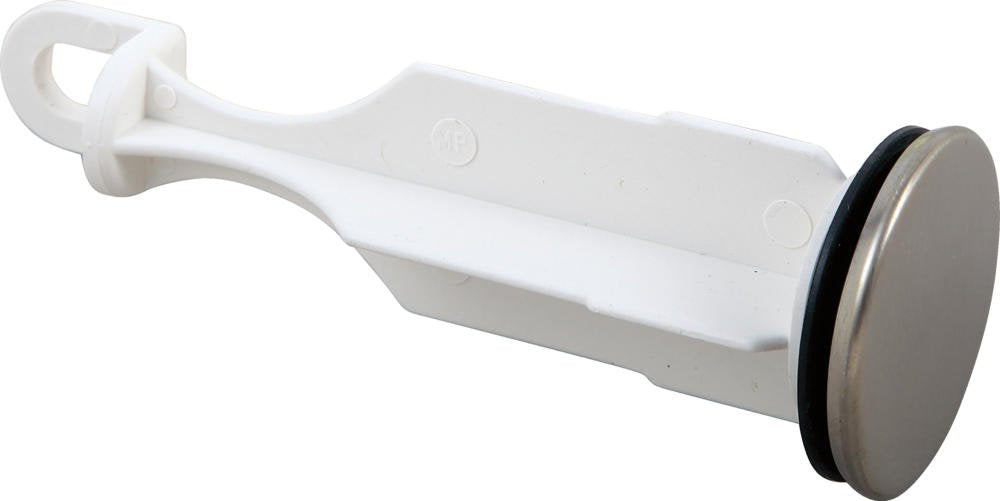 Brushed nickel drain stopper with white plastic body and circular metal cap with black seal ring.