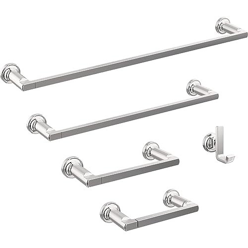 Chrome towel bars in various lengths with matching wall-mounted bracket hardware and hook accessories.