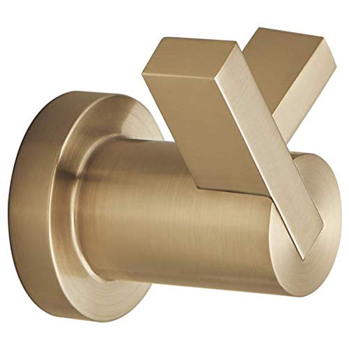 Brushed gold double robe hook with cylindrical barrel and square mounting plate.