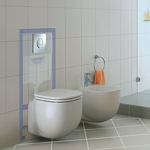 Chrome wall plate with oval flush button mounted on blue in-wall installation frame above toilet.