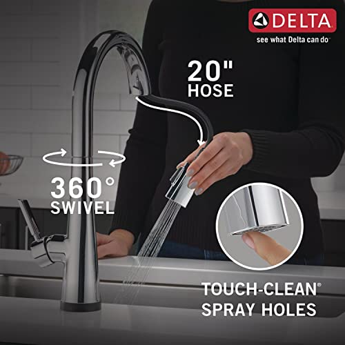 Chrome pull-down kitchen faucet with 360-degree swivel spout and 20-inch hose.