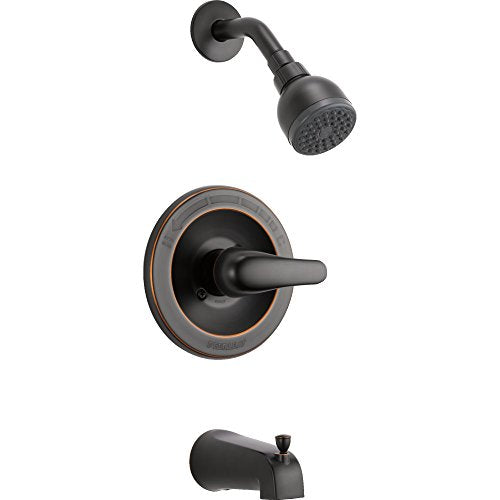 Oil rubbed bronze tub and shower trim with single-handle valve, showerhead, and tub spout.