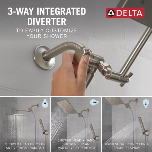 Brushed nickel shower system with raincan head, hand-held sprayer, and adjustable extension arm with 3-way diverter.