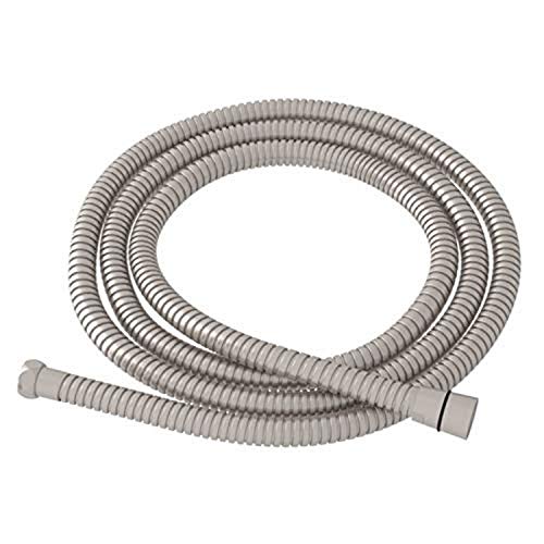 Satin nickel metal shower hose coiled with square connector fittings at each end.