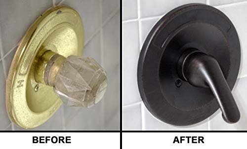 Tub and shower valve trim renovation kit showing brass finish before and matte black finish after installation.
