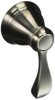 Brushed nickel single lever faucet handle with tapered cone-shaped escutcheon and flat lever arm.