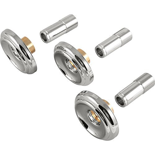 Three chrome escutcheons with brass inserts and three matching chrome sleeve tubes for tub and shower installation.