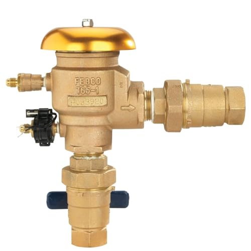 FEBCO T765EUB brass pressure vacuum breaker with gold dome cap, 1 inch union connections, and black solenoid valve.